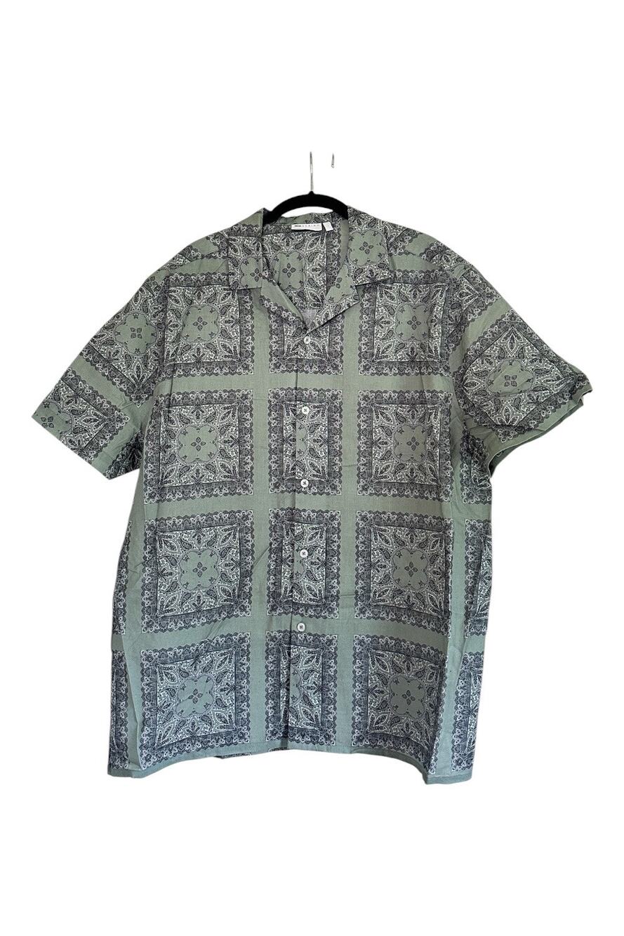 ASOS Design Sage Green Tile Bandana Print Short Sleeve Camp Collar Shirt Size L